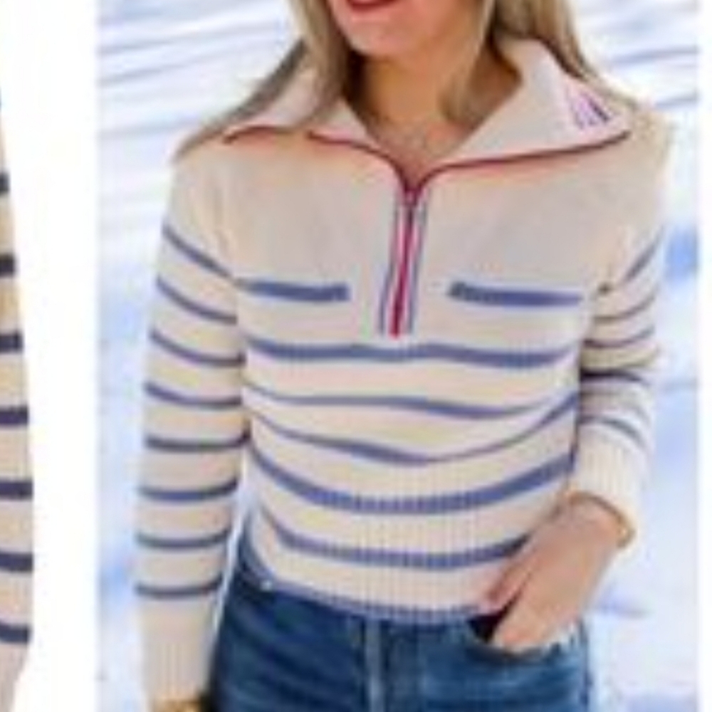 J. Crew Factory‎ Sweater Womens Medium Beige Blue Striped 1/4 Zip Mock High Neck